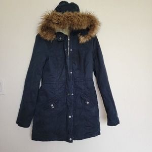 Hollister-Navy Blue Sherpa Lined Zip/Button Up Women Coat W Hood- Size M